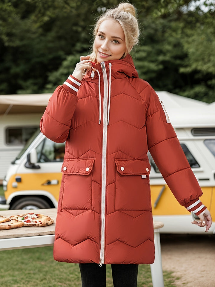 Women's Long Winter Coat with Drawstring and Flap Pockets | Ideal for Autumn/Winter