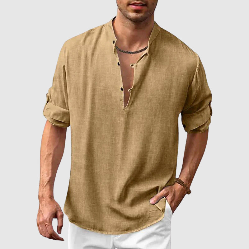 Men's casual beach hippie long-sleeve linen shirt