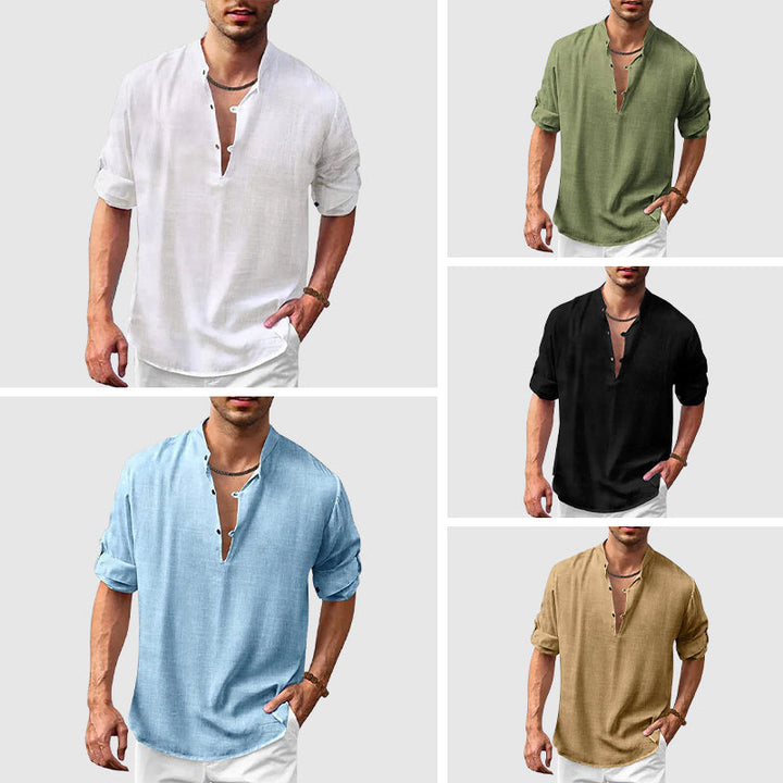 Men's casual beach hippie long-sleeve linen shirt