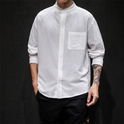 Men's leisure shirt with standing collar and long sleeves