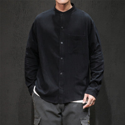 Men's leisure shirt with standing collar and long sleeves