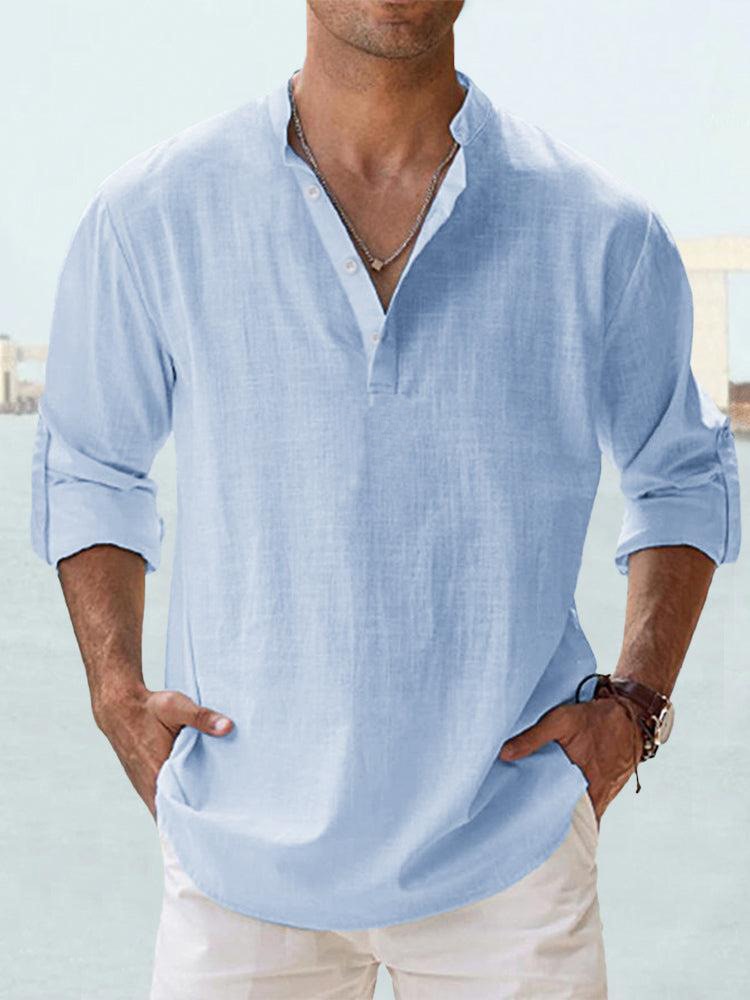 Casual men's shirt with stand-up collar and button closure