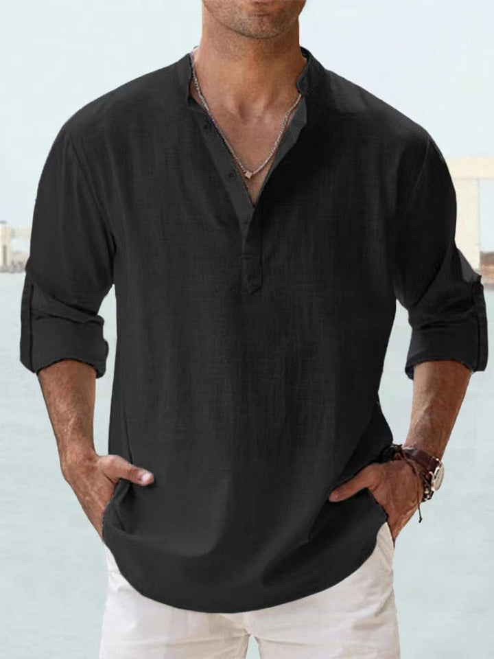 Casual men's shirt with stand-up collar and button closure