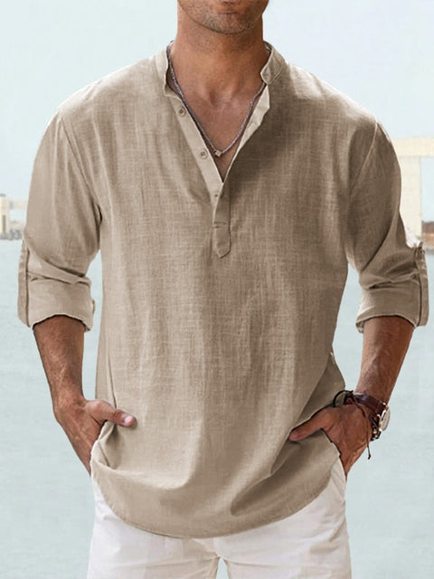 Casual men's shirt with stand-up collar and button closure